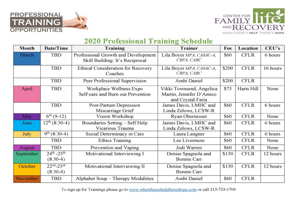 2020 Professional Training Calendar Center for Family Life and Recovery