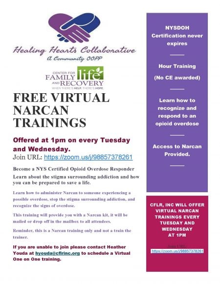 Free virtual Narcan training, Tuesdays and Wednesdays at 1pm.