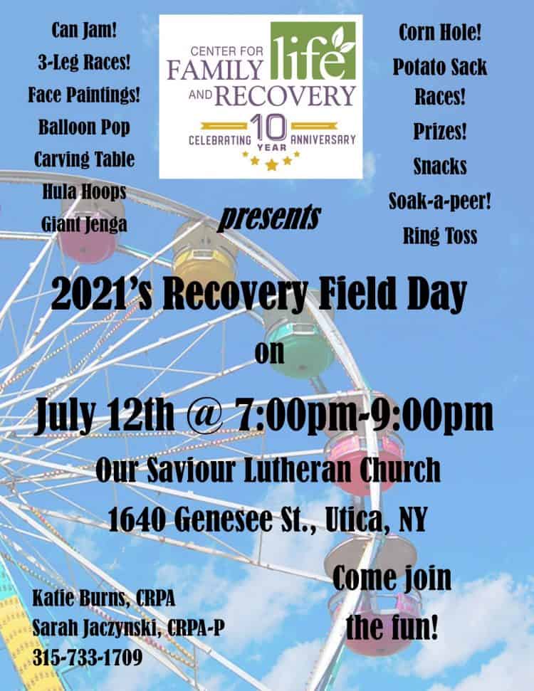 Recovery Field Day event flyer with activities and details.