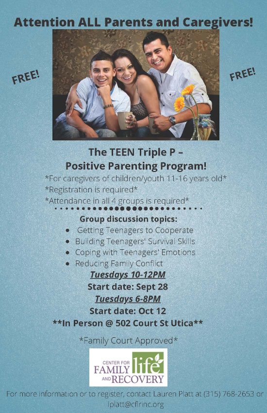Teen parenting program flyer with schedule and contact info.