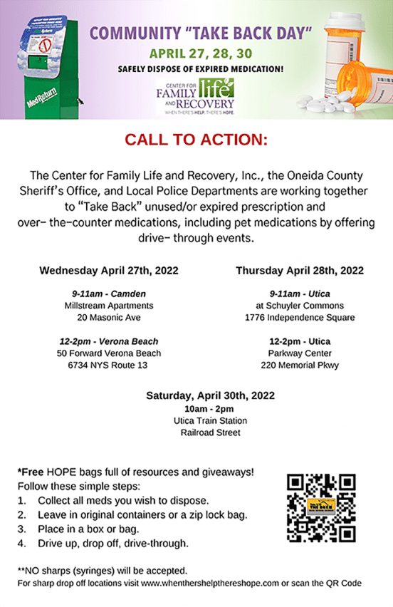 Community Take Back Day medication disposal event details.