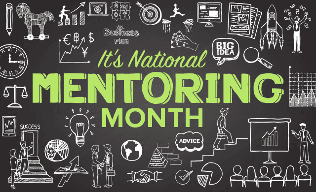 National Mentoring Month with business doodles on chalkboard.