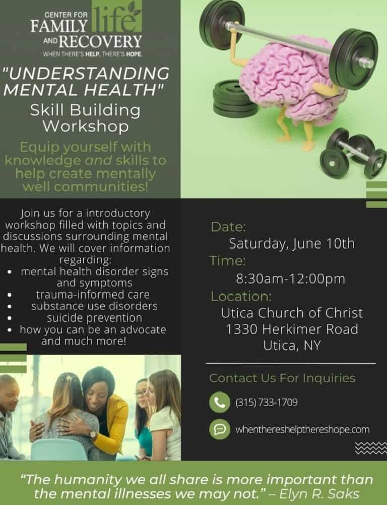 Mental health workshop flyer with date and location.