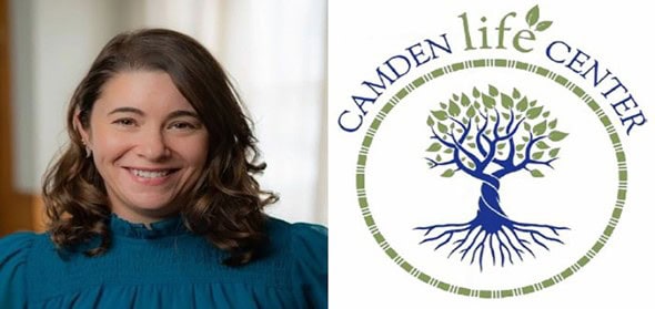 Smiling woman next to Camden Life Center logo.