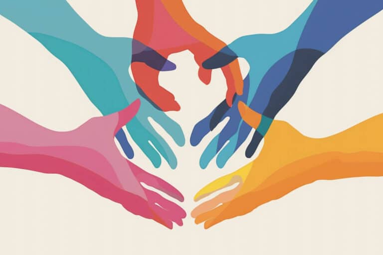 Colorful overlapping hands forming a heart shape