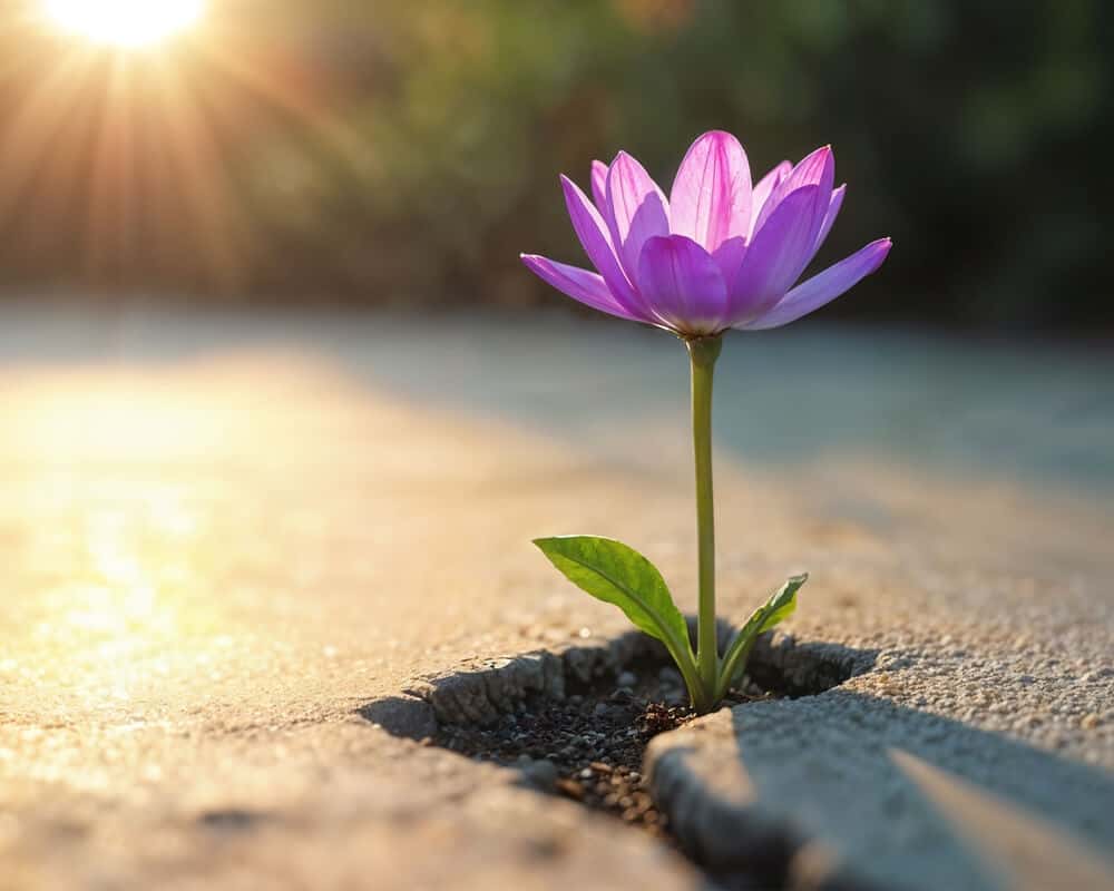 Purple flower growing through concrete in sunlight