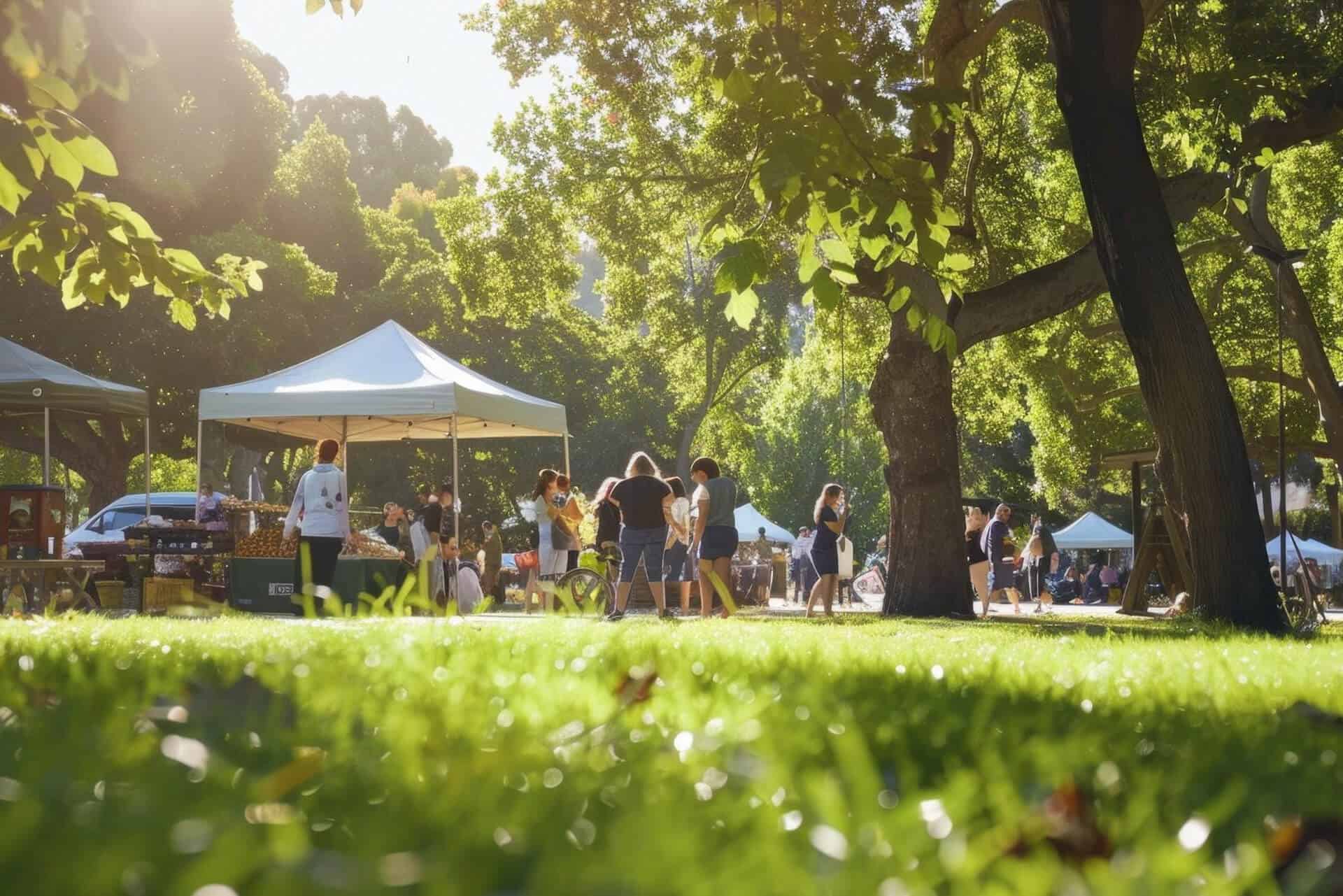 People enjoy outdoor market under leafy trees.