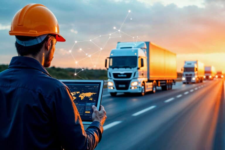 Engineer monitors trucks on highway with tablet.