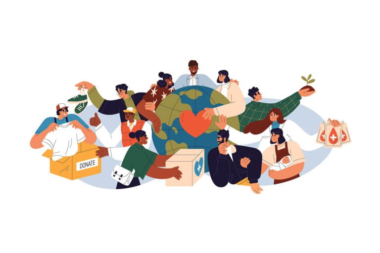 Diverse people helping with donations globally