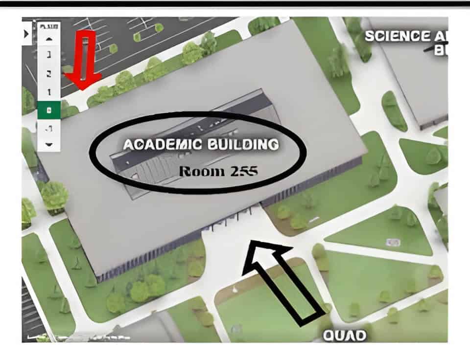 Campus map highlighting Academic Building location