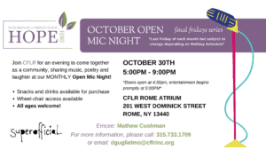 October Open Mic Night flyer for CFLR Rome Atrium