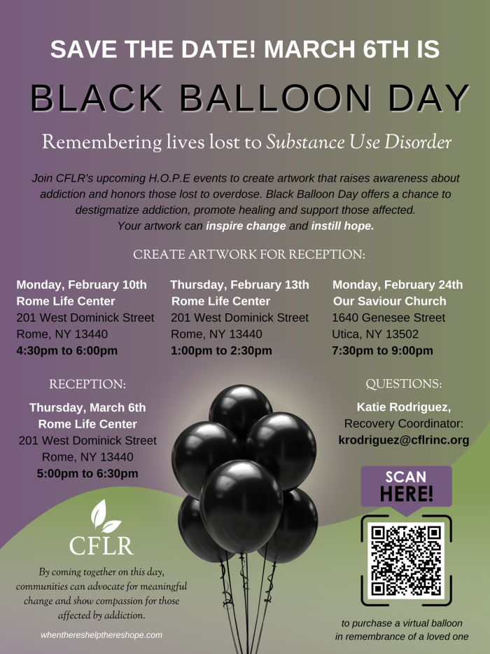 CFLR to host Black Balloon Day Reception on March 6th Featuring Artwork, Balloon Display and Donations to Support the Erin’s Light Fund
